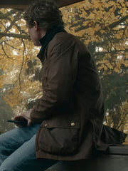 The Social Reckoning Jeff Horowitz brown waxed coat side view outdoor