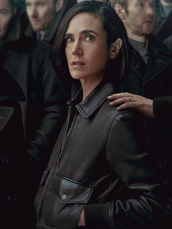 Jennifer Connelly Daniela black leather jacket close up front view