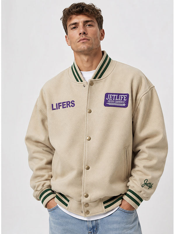 Jet-Life Lifers off white wool varsity jacket front view model shot
