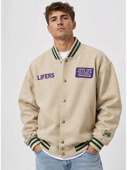 Jet-Life Lifers off white wool varsity jacket front view model shot