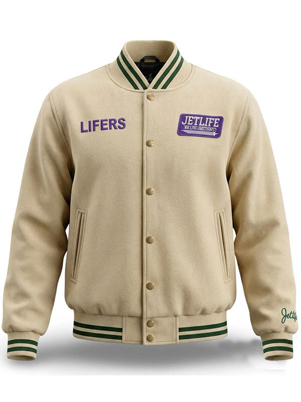 Jet-Life Lifers cream wool varsity jacket front view product shot