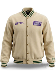 Jet-Life Lifers cream wool varsity jacket front view product shot