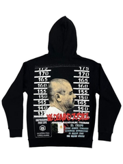 Black Mugshot Pullover Asaali Hoodie with distressed back mugshot graphic