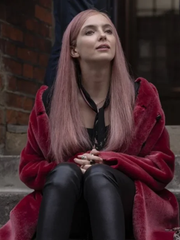 Jodie Comer Killing Eve crimson shaggy fur coat
