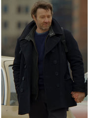 Jason Dessen Dark Matter navy peacoat front view city street scene