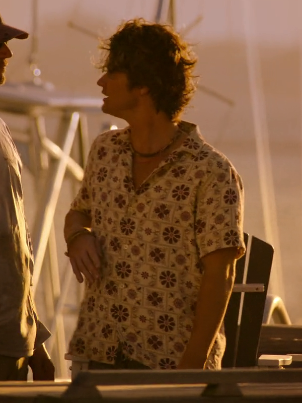 Outer Banks John B cream floral shirt front view sunset marina
