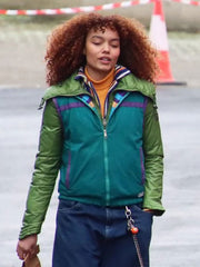 Joni J 4 Kids Walk Into a Bank colorblock jacket front view outdoor scene