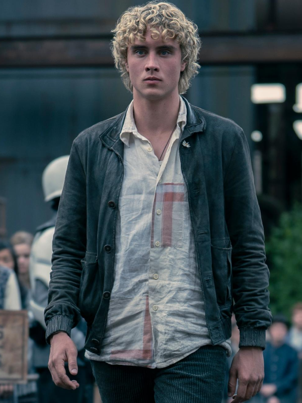 Haymitch Abernathy grey suede jacket front view crowd scene