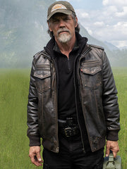 Josh Brolin Bangley The Dog Stars distressed brown leather jacket front view outdoor field