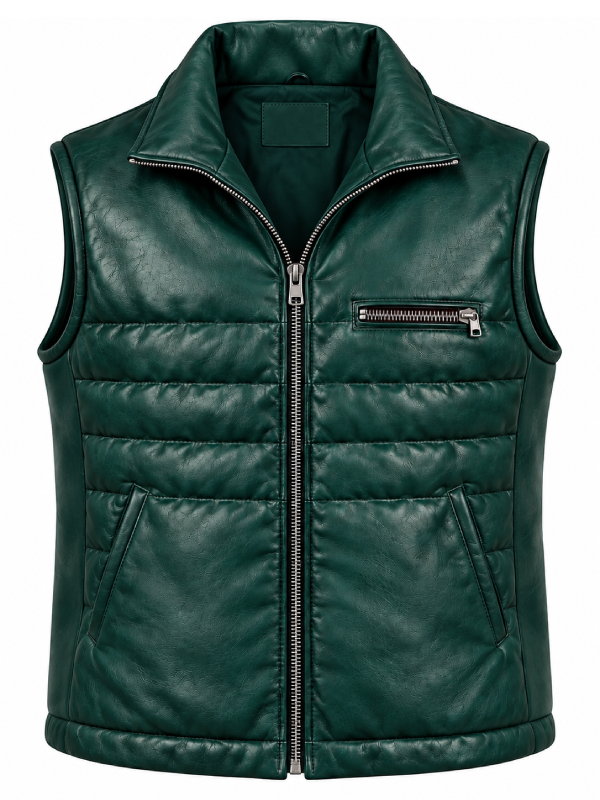 Silent Hill Townfall green leather puffer vest front flat lay