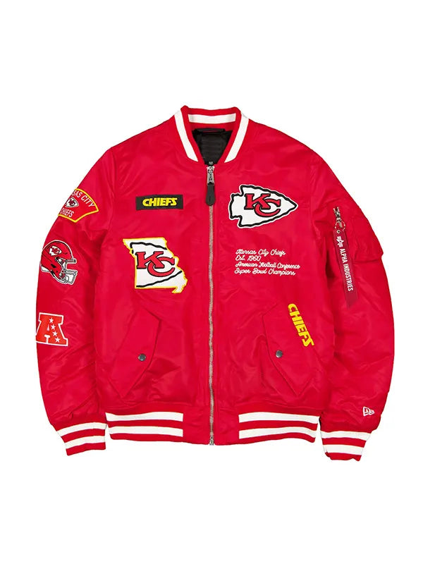 Kansas City Chiefs inspired red MA-1 bomber jacket with embroidered patches front view