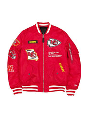 Kansas City Chiefs inspired red MA-1 bomber jacket with embroidered patches front view