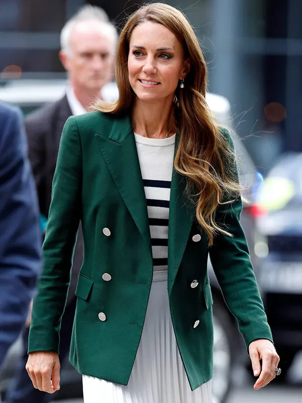 Kate Middleton inspired green double breasted blazer front view outdoor