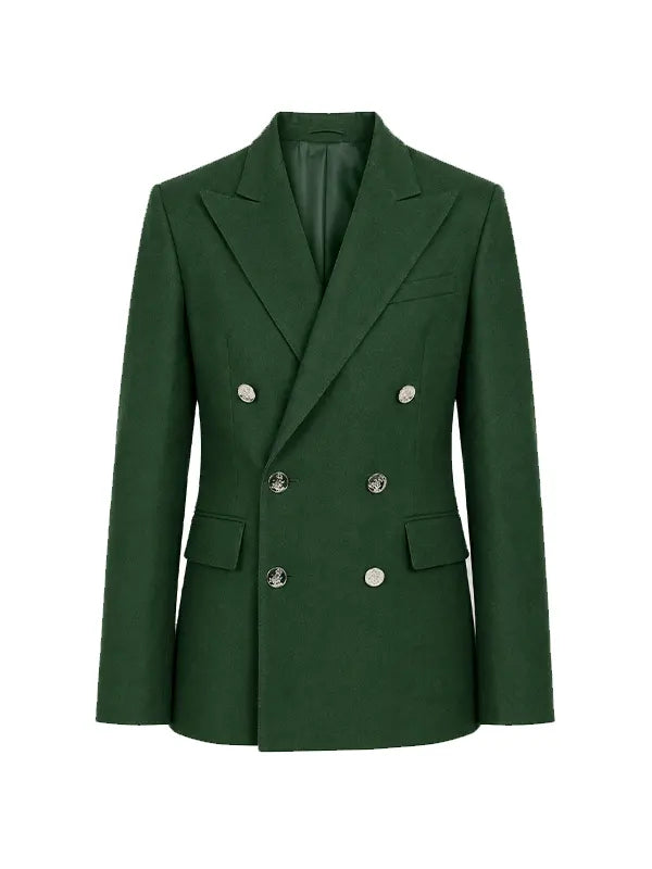 Green double breasted blazer front view product shot plain background