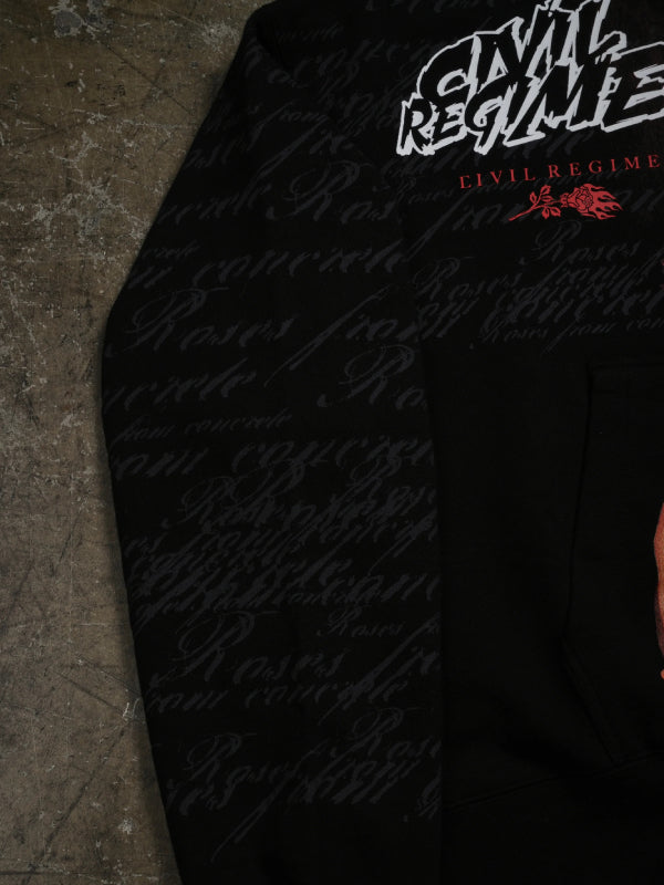 Street Fighter Civil Regime hoodie front Sleeve close up detail
