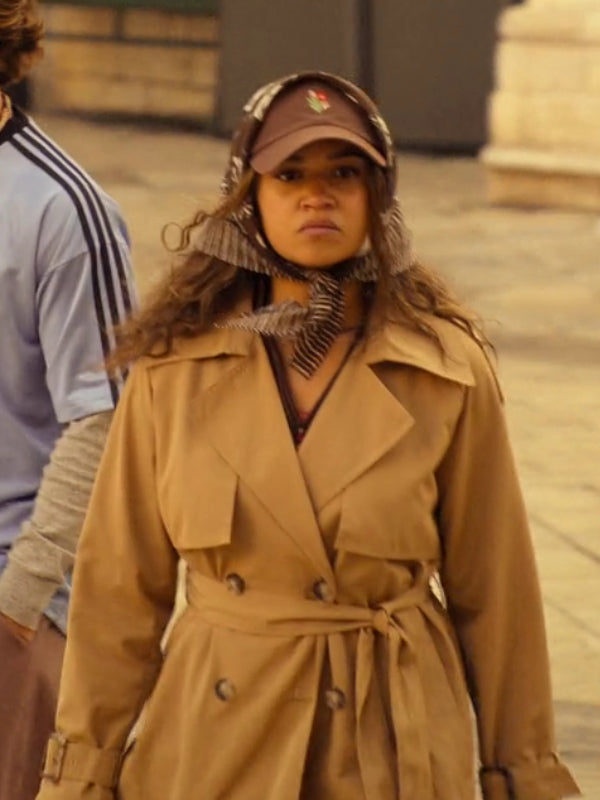 Outer Banks Season 5 Kie khaki trench coat close up front view