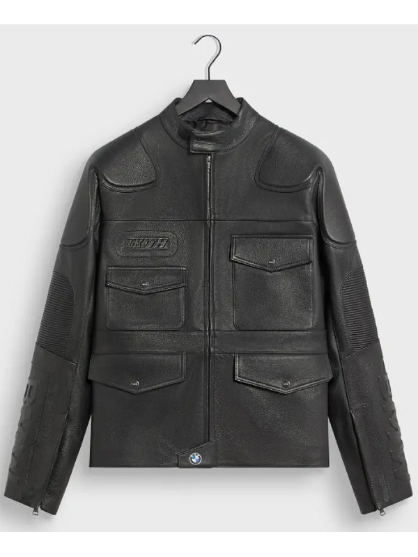 Kith BMW Dewitt black leather moto jacket front view studio shot