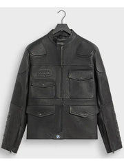 Kith BMW Dewitt black leather moto jacket front view studio shot
