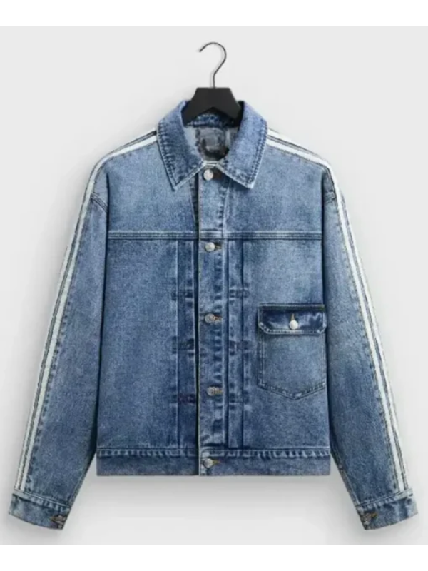 Kith Messi blue denim trucker jacket front view studio shot