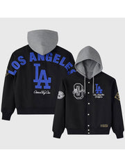 Los Angeles Dodgers black varsity hooded bomber jacket front and back view