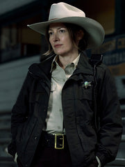 Kerry Lanterns Kelly Macdonald choco brown sheriff jacket front view night scene