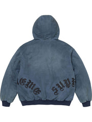 Blue washed cotton hooded jacket with plaid lining, leather appliqué details, front pockets, ribbed cuffs and hem.