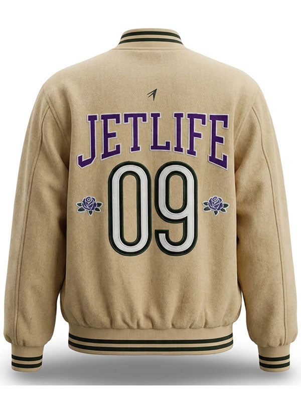 Jet-Life 09 cream wool varsity jacket back view embroidery detail