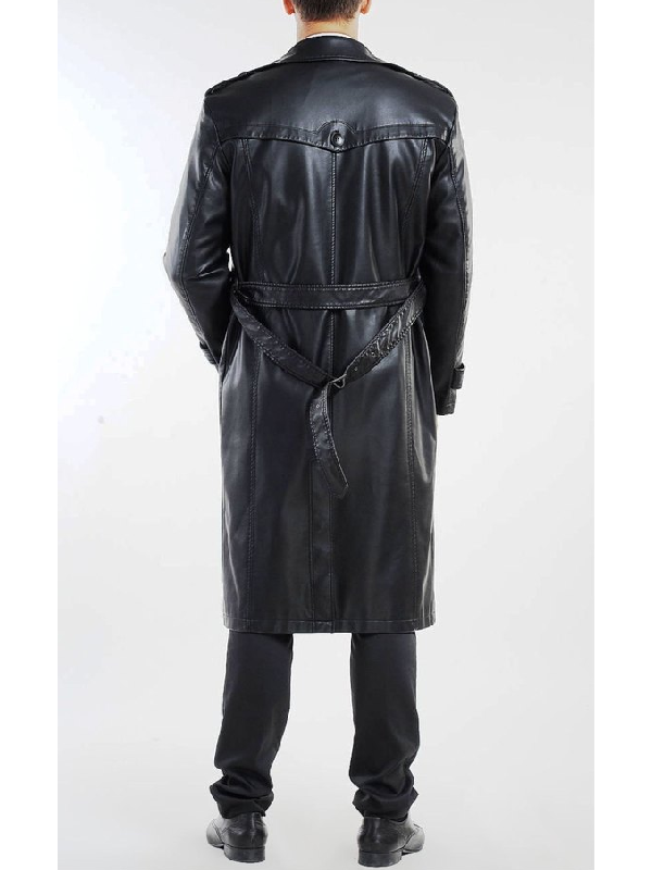 epaulette leather long coat black