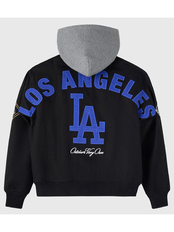 Los Angeles Dodgers black varsity hooded bomber jacket back view logo detail
