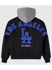 Los Angeles Dodgers black varsity hooded bomber jacket back view logo detail