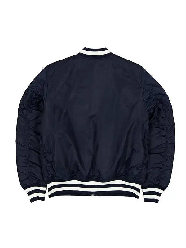 Chicago Bears inspired navy MA-1 bomber jacket back view