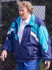 Nicolas Cage Madden movie navy teal colorblock track jacket front view outdoor