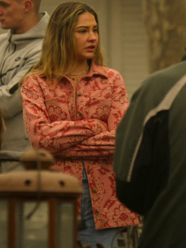 Sarah Cameron Outer Banks pink floral coat front view outdoor
