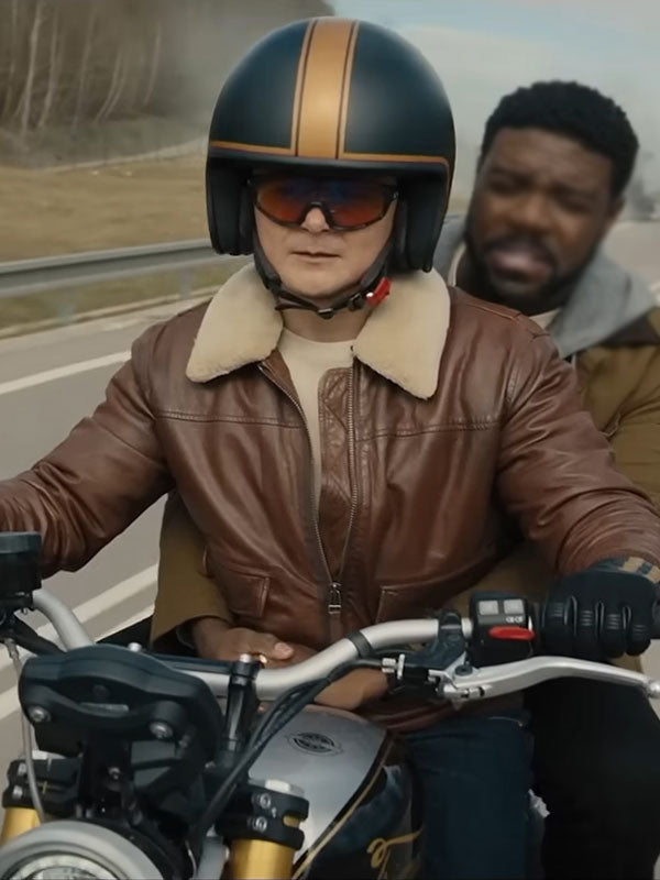 Ted Matchbox The Movie brown leather jacket front view motorcycle scene