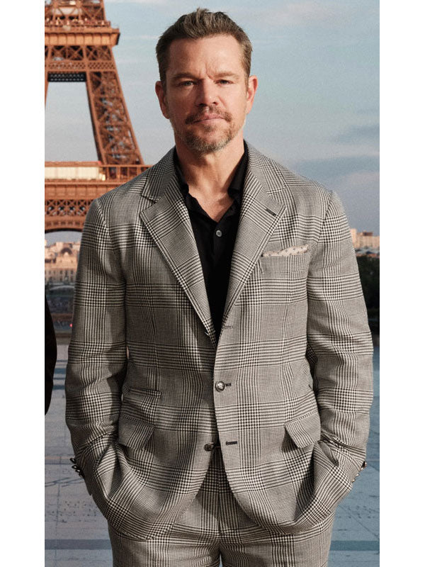 Matt Damon The Odyssey 2026 Gray Plaid Suit