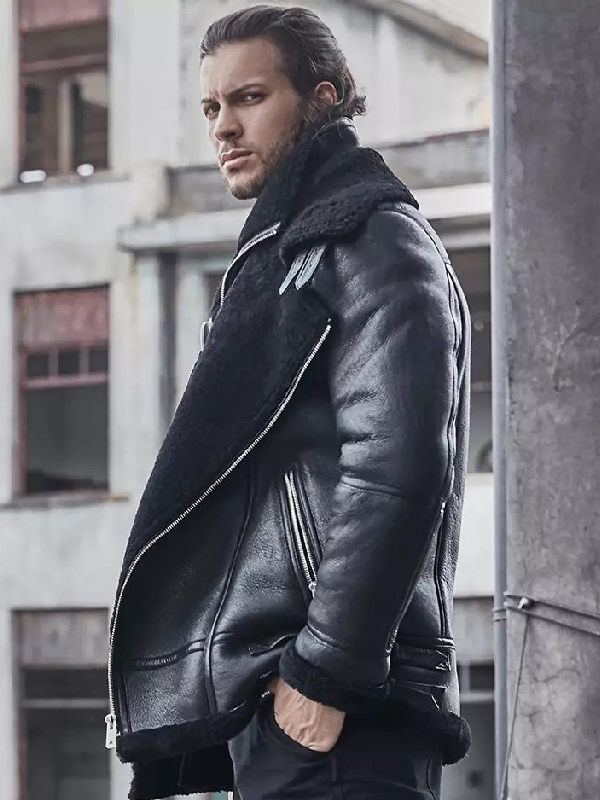 heavy black sheepskin jacket sherpa trim