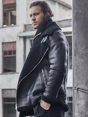 heavy black sheepskin jacket sherpa trim