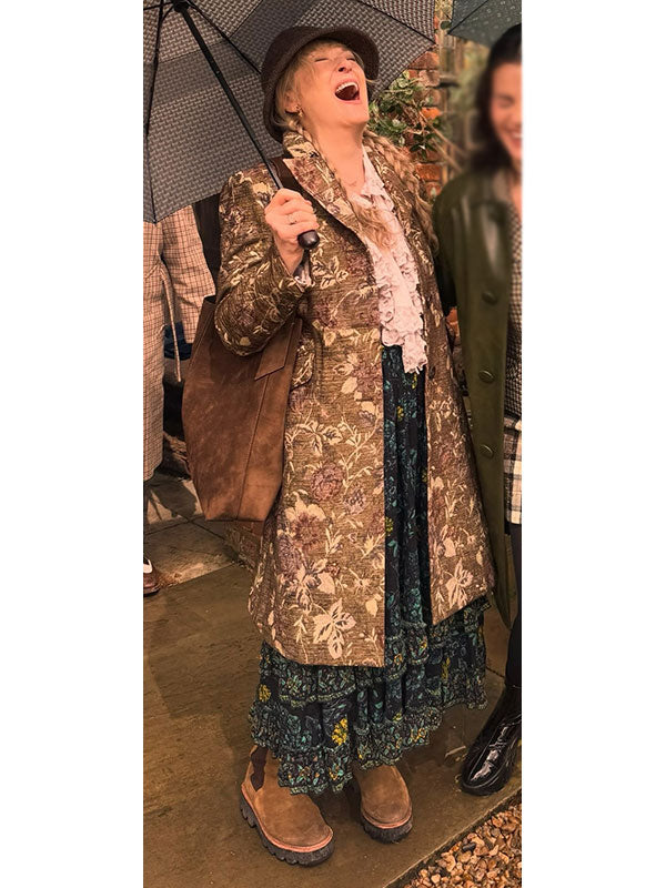 Loretta Durkin Only Murders floral tapestry coat front view full body outdoor