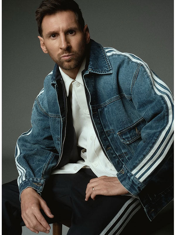 Kith Messi denim trucker jacket front view striped sleeve portrait