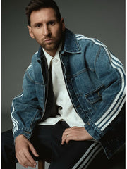 Kith Messi denim trucker jacket front view striped sleeve portrait