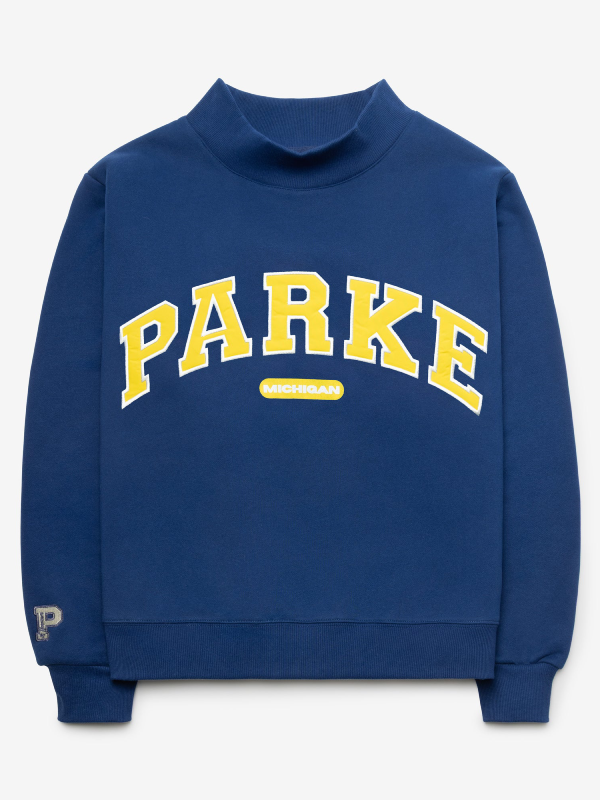 Parke Michigan navy mock neck sweatshirt front flat lay