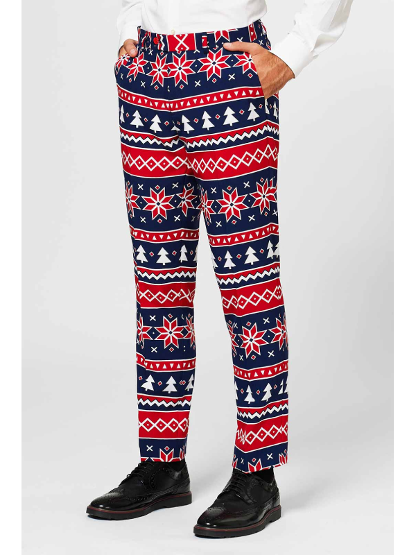 Navy blue red printed Christmas slim fit trousers