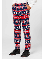 Navy blue red printed Christmas slim fit trousers