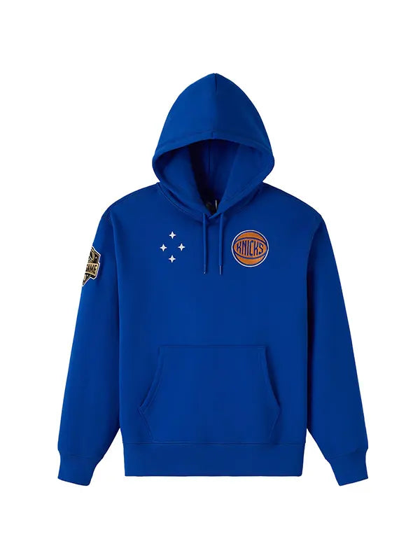 New York Knicks OVO-inspired royal blue fleece pullover hoodie front view