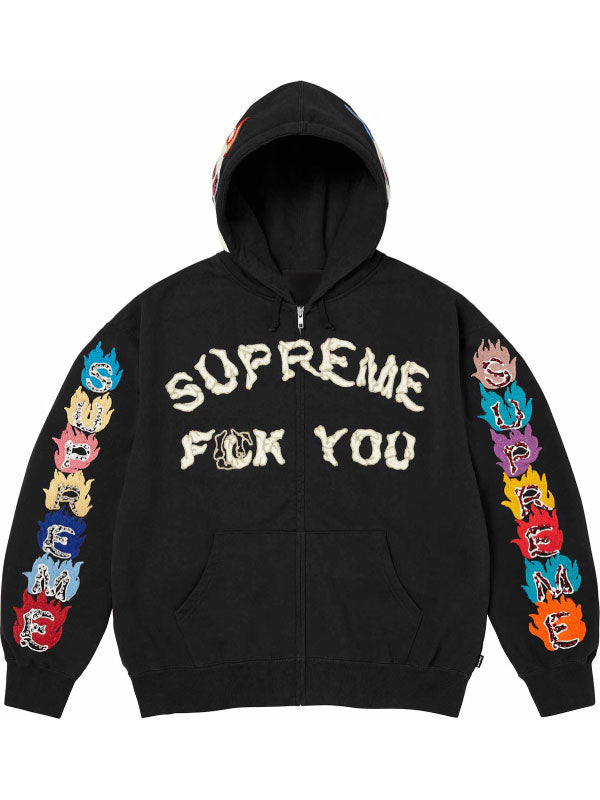 Supreme Fck You black zip-up hoodie front view with graphic lettering