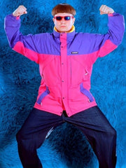 Oliver Tree pink purple colorblock parachute track jacket front flex pose