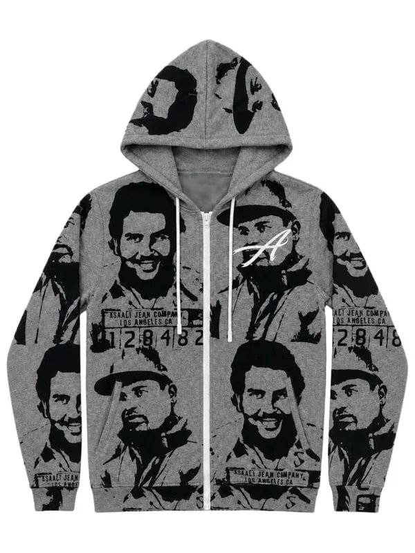 Gray Oreo Cartel Asaali Hoodie featuring Pablo Escobar and El Chapo graphic portraits