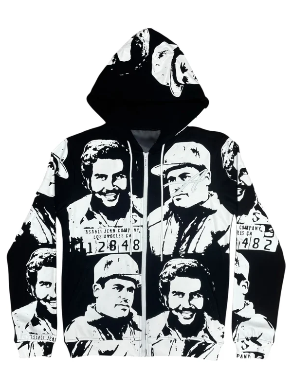 Black Oreo Cartel Asaali Hoodie featuring Pablo Escobar and El Chapo portrait graphics