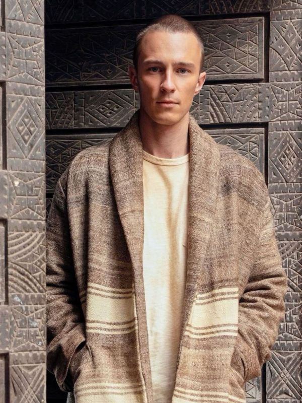 Outer Banks Rafe Cameron striped wool coat close up front