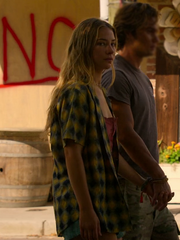 Sarah Cameron Outer Banks yellow diamond print shirt side view street